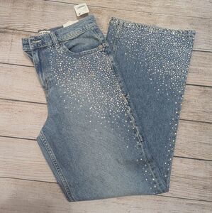 Free People Tinsley Rhinestone Baggy Fit High Rise Straight Leg Jeans Blue
